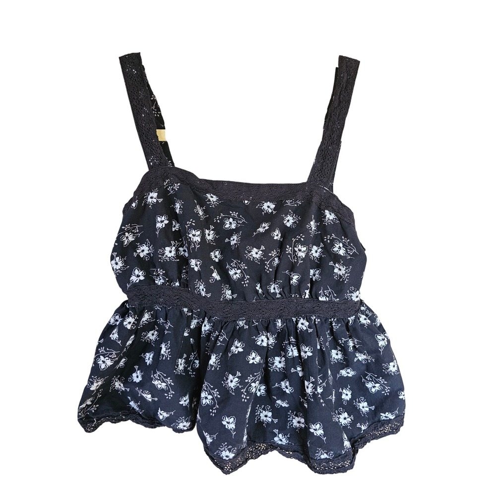 Celebrity Pink Floral Peplum Tank Top Women XS Navy Lace Trim Smocked Babydoll